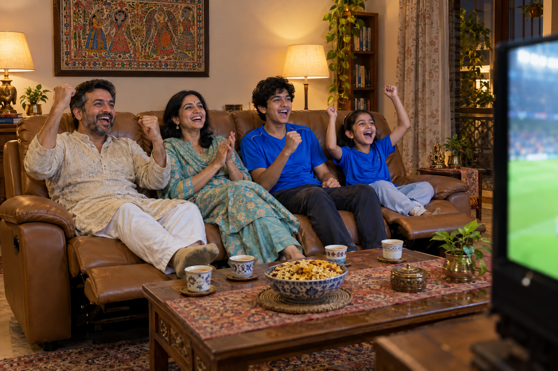 An Indian family cheering a cricket match on a tan recliner sofa