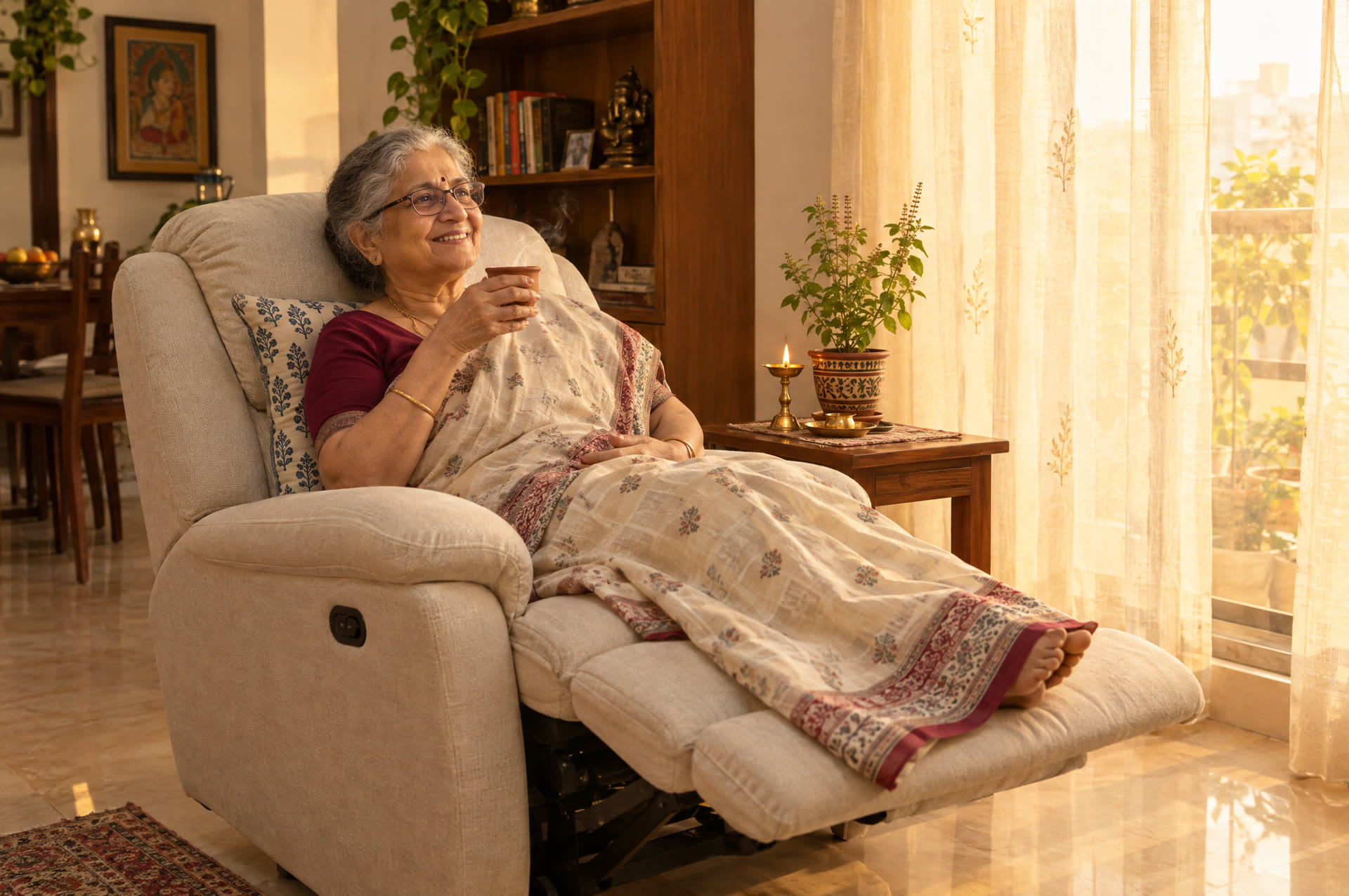 A grandmother in a saree relaxing with a cup of chai on a cream recliner