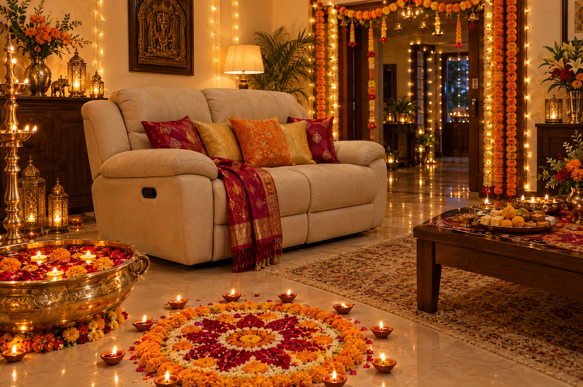 A cream recliner sofa in a living room lit with diyas and marigolds for Diwali