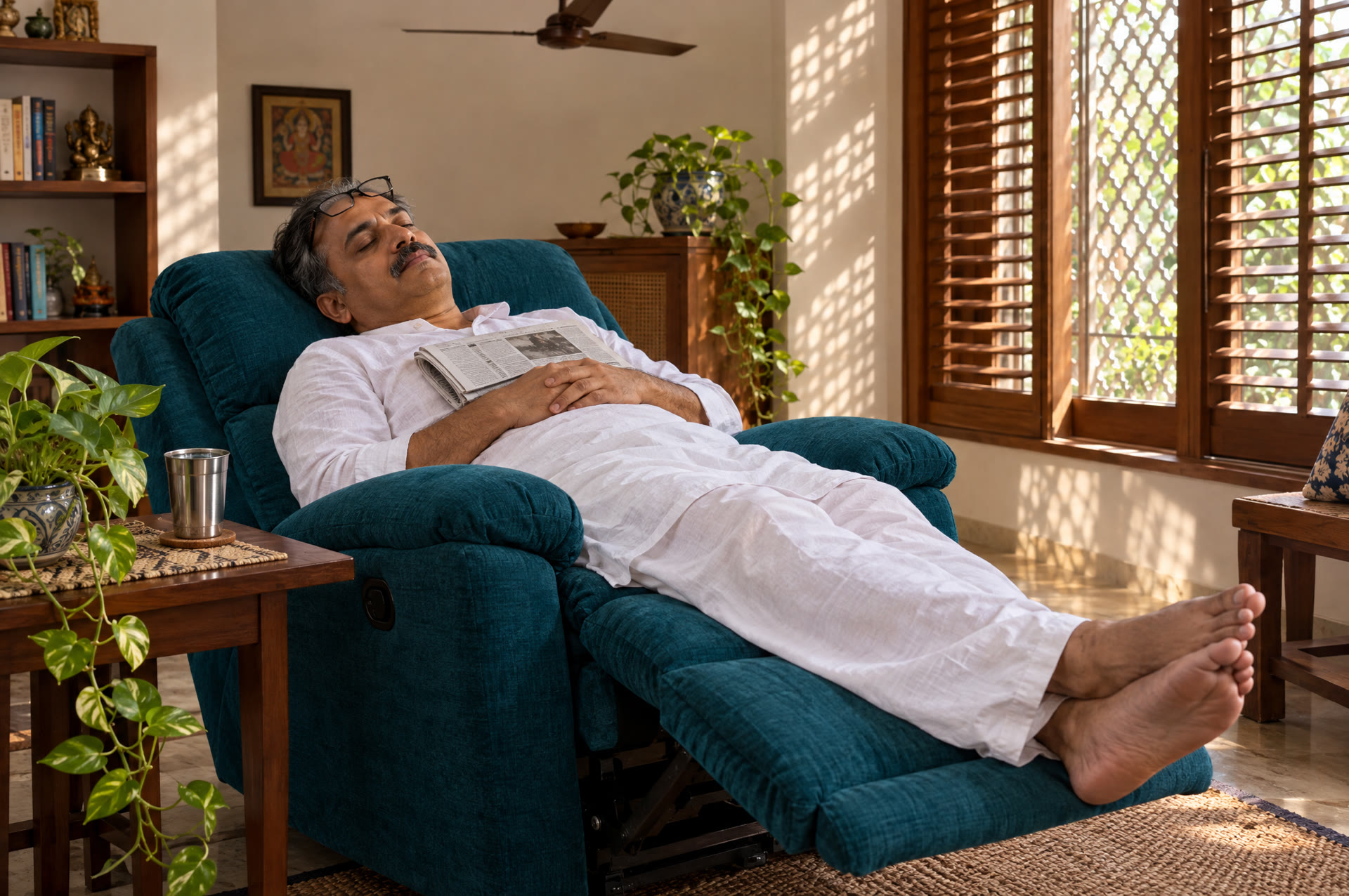 A man in a kurta napping on a teal recliner on a Sunday afternoon