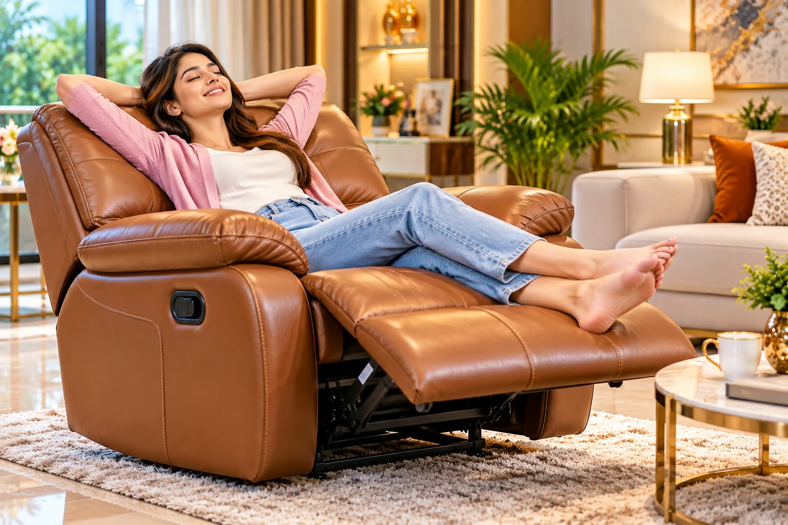 A woman relaxing with her feet up on a tan Royal Recliners recliner