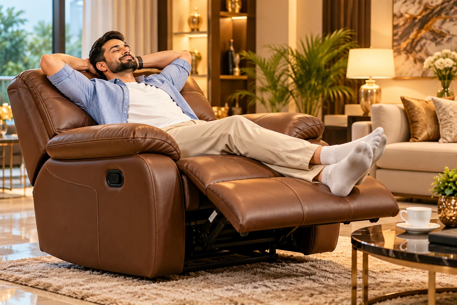 A man resting on a brown leather Royal Recliners recliner