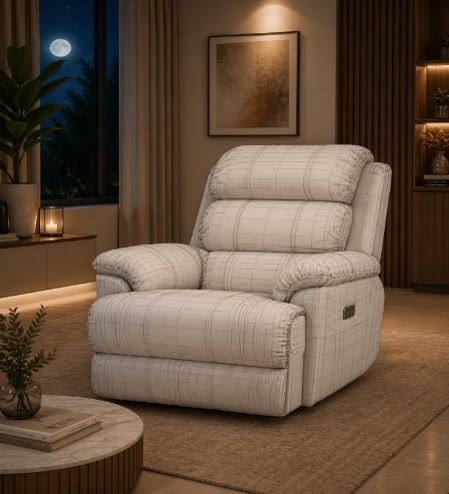 A beige recliner with its footrest up in a room at night