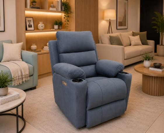 Blue single recliner with side controls