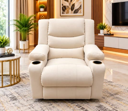 A cream Royal Recliners single recliner in a living room