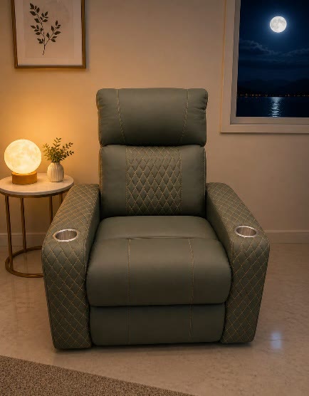 An olive quilted recliner with cup holders