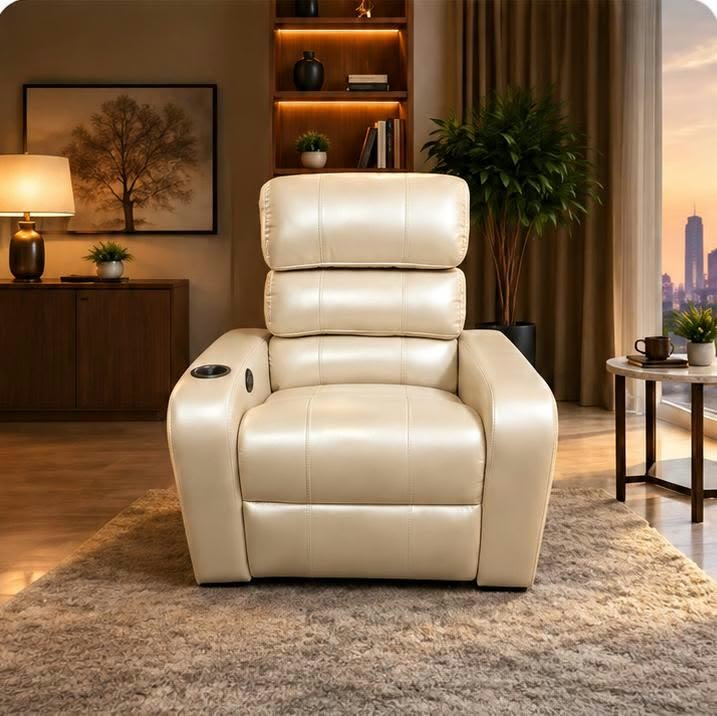 Pearl white single recliner with cup holders