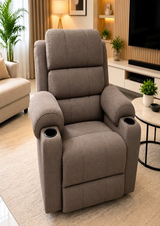 A taupe high-back fabric recliner