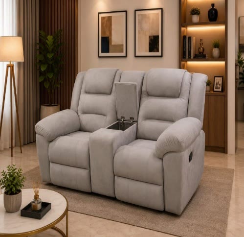 Grey two-seater recliner sofa with storage console