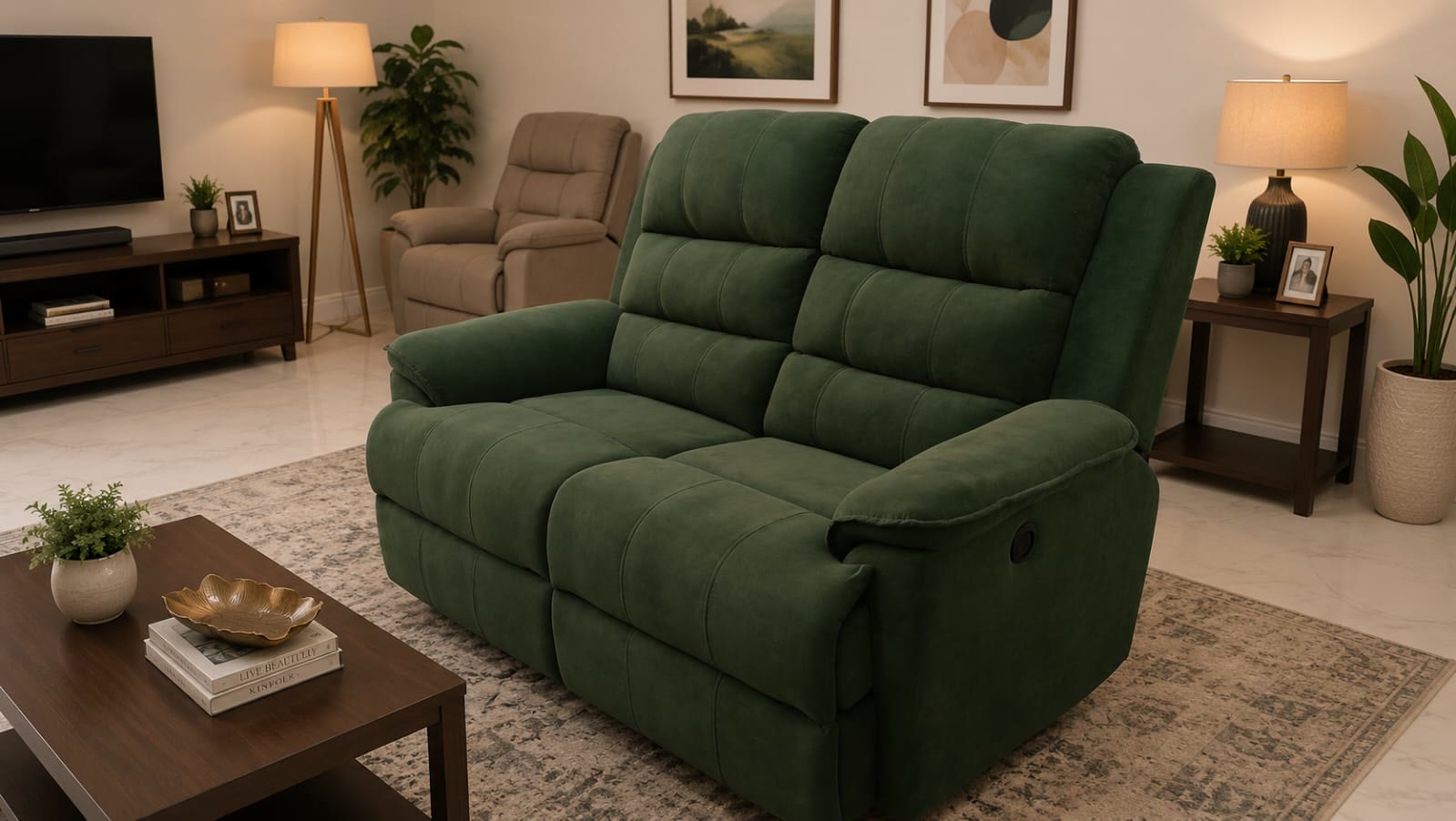 A green two-seater recliner sofa in a living room