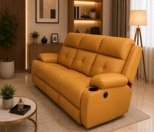 Mustard three-seater recliner sofa