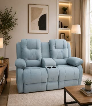 Sky blue two-seater recliner sofa with console