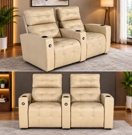 Cream theatre recliner pair with consoles